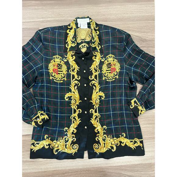 Vintage Escada 100% silk Belmoral and check print top size 42 U.S. size M
